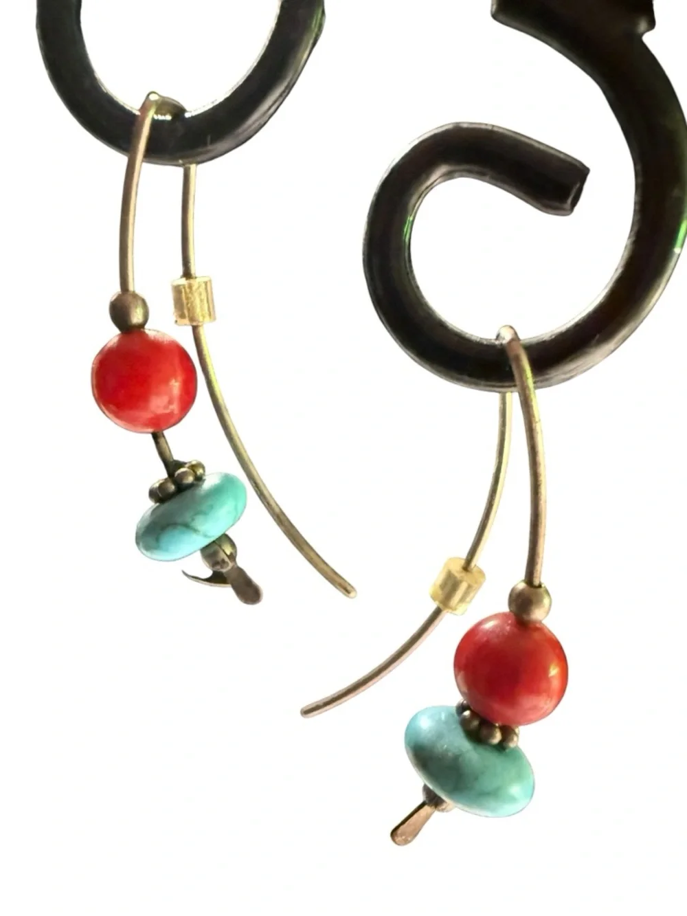 Vintage Artisan Red and Turquoise Bead Drop Earrings